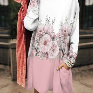 Women Floral Stand Collar Long Sleeve Comfy Casual Short Dress, Dresses, color:Pink|size:5XL, Noracora
