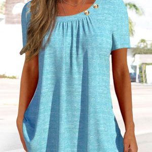 Plain Regular Fit Simple Asymmetrical T-Shirt, T-shirts, color:Light Blue|size:XXL, Noracora