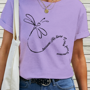 Women's Cotton Because He Lives Dragonfly Heart Heathered  T-Shirt, T-shirts, Lilicloth.com