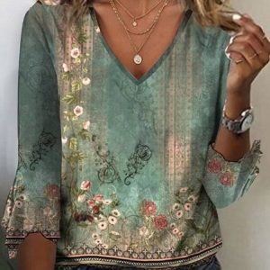 Ethnic Knitted Casual Loose T-Shirt, T-Shirts, color:Green|size:4X, JustFashionNow