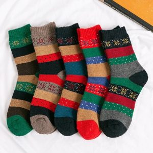 5pairs Christmas Striped Snowflake Warmth Crew Mid-calf Socks, Socks, color:As Picture|size:5 Pairs, JustFashionNow