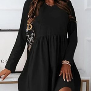 Crew Neck Plain Loose Dress, Dresses, color:Black|size:3XL, JustFashionNow