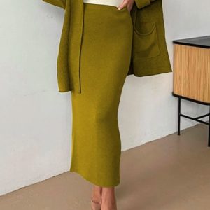 Regular Fit Urban Plain Midi Skirt, Skirts, color:Yellow|size:XXL, Stylewe