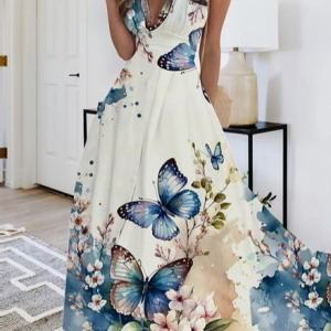 Elegant Butterfly Positioning Print High Elastic Sleeveless Dress, Dresses, color:Blue|size:XXL, JustFashionNow
