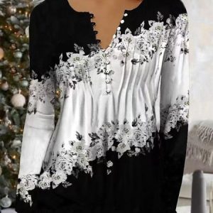 Regular Fit Casual Ruched Floral Color Block T-Shirt, T-Shirts, color:Black-white|size:XXL, JustFashionNow