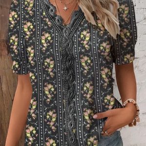Lace Loose Casual Floral Shirt, Blouses, color:Black|size:XXL, Noracora