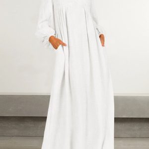 Women Plain V Neck Long Sleeve Comfy Casual Maxi Dress, Maxi, color:White|size:XL, Noracora