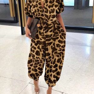 Casual Leopard Regular Fit Shawl Collar Jumpsuit, Jumpsuits, color:Leopard|size:XXL, Stylewe
