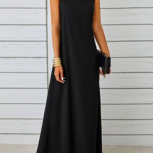 Plain Sleeveless Crew Neck Casual Dress, Maxi, color:Black|size:XS, catalog Noracora shop