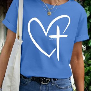 Women's Heart Cross Cotton Crew Neck Casual T-Shirt, color:Blue|size:3XL, Lilicloth.com