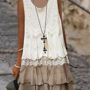 Solid U-Neck Sleeveless Woven Lace Dress, Short, color:Khaki|size:XS, Noracora