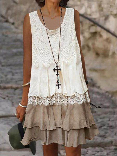 Solid U-Neck Sleeveless Woven Dress, Dresses, color:Khaki|size:XS, JustFashionNow