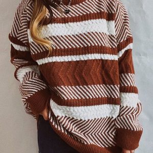 Casual Striped Crew Neck Sweater, Sweaters, color:Coffee|size:XL, JustFashionNow