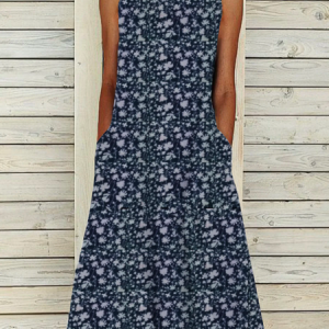 Sleeveless Crew Neck Floral Dress, Midi, color:Purplish blue|size:3XL, catalog Noracora shop