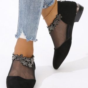 Black Mesh Rhinestone Urban Flats, Flats, color:Black|size:43, JustFashionNow