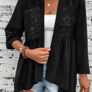 Casual Plain Loose Lace Kimono, Cardigans, color:Black|size:XXL, JustFashionNow