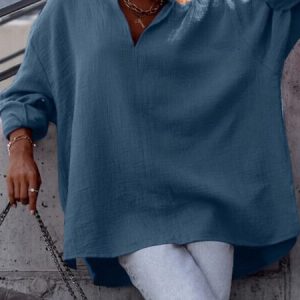 Casual V Neck Loose Cotton And Linen Shirt, Shirts & Blouses, color:Blue|size:5XL, JustFashionNow