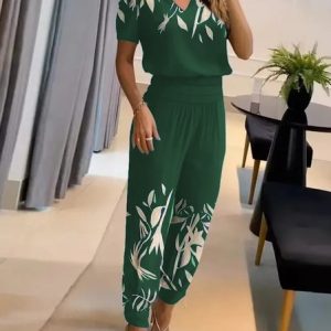 V Neck Floral Business Casual Two-Piece Set, Suit Set, color:Green|size:XXL, JustFashionNow