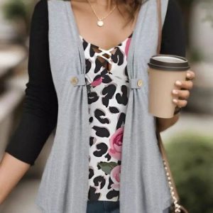 Casual V Neck Color Block Loose T-Shirt, T-Shirts, color:Black-grey|size:XXL, JustFashionNow