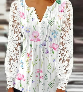 Regular Fit V Neck Floral Casual Top, Shirts & Blouses, color:White|size:XXL, JustFashionNow