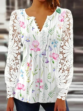 Regular Fit V Neck Floral Casual Top, Shirts & Blouses, color:White|size:XXL, JustFashionNow