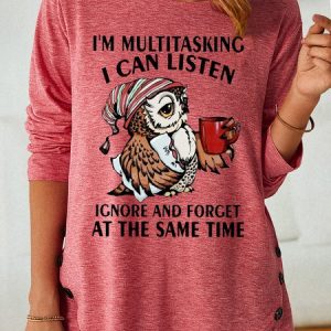Women's I'm Multitasking Funny Casual Owls Crew Neck Long Sleeve Top, color:Pink|size:3XL, Lilicloth.com
