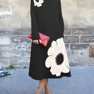 Crew Neck Elegant Floral Print  Long Sleeve Dress, Maxi Dresses, color:Black|size:XXL, Stylewe