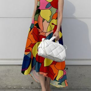Elegant Boat Neck Abstract Loose Midi Dress With No Belt, Midi Dresses, color:As Picture|size:XXL, Stylewe