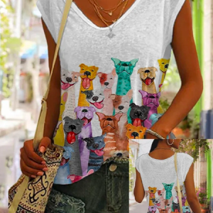Casual V Neck Women's Cute Dogs Print Sleeveless Tee, T-shirts, color:White|size:XXL, Noracora