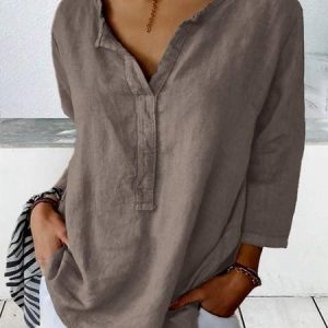 Women's V-neck 3/4 sleeves Plain Linen Shirt, Shirts & Blouses, color:Gray|size:XXL, JustFashionNow