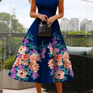 Elegant Regular Fit Crew Neck Floral Dress, Midi Dresses, color:Purplish blue|size:XXL, Stylewe