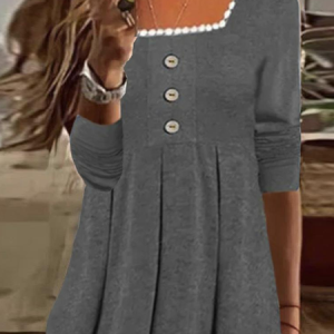 Casual Plain Square Neck Long Sleeve T-shirt, T-shirts, color:Gray|size:XXL, Noracora