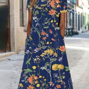 Plus Size Jersey Floral Crew Neck Vacation Dress, DRESSES, color:Deep Blue|size:4X, Noracora
