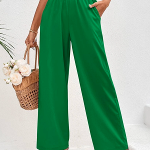 Cotton Casual Plain Paperbag Waist Wide Leg Pants, Pants, color:Green|size:XXL, JustFashionNow
