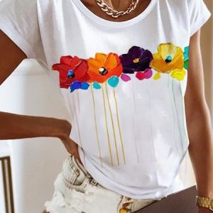 Floral Crew Neck Casual Jersey T-Shirt, T-shirts, color:White|size:XXL, Noracora