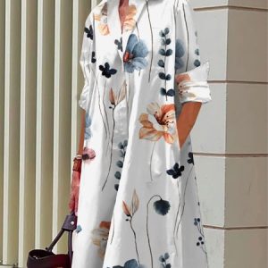 Floral Shirt Collar Urban Dress, Midi Dresses, color:white-blue|size:XS, Stylewe