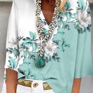 Loose V Neck Casual Floral T-Shirt, T-Shirts, color:Green|size:4X, JustFashionNow