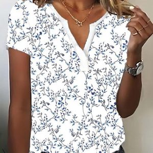 V Neck Loose Floral Casual T-Shirt, T-Shirts, color:White|size:XXL, JustFashionNow