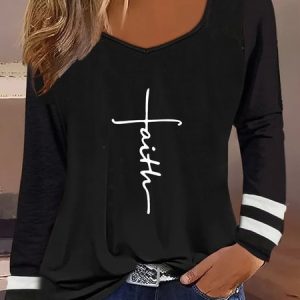 Casual Jesus Copy Square Neck Long Sleeve T-shirt, T-shirts, color:Black|size:XXL, Noracora