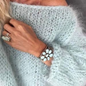 Women Plain Extra-long Sleeve Comfy Simple Sweater, Sweaters, color:Light Blue|size:XL, Noracora