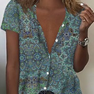 Casual Tribal Geometric Shirt Collar Loosen Blouse, Shirts & Blouses, color:Green|size:XXL, JustFashionNow