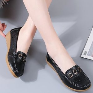 O-Ring Metal Decor Comfort Sole Split Leather Casual Loafers, Flats, color:Black|size:44, JustFashionNow