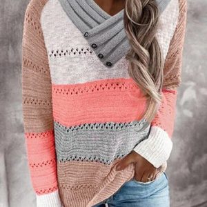 Regular Fit Color Block Casual Sweater, Sweaters, color:Pink|size:XXL, JustFashionNow