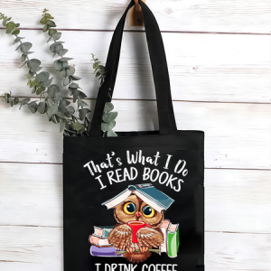 Women's Owl Coffe Book Funny Shopping Tote, color:Black|size:One-size, Lilicloth.com