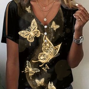 Butterfly Casual Loose V Neck T-Shirt, T-shirts, color:Black|size:XXL, Noracora