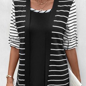 Long Sleeve Striped Regular Micro-Elasticity Loose Shirt For Women, T-shirts, color:Black|size:XXL, Noracora