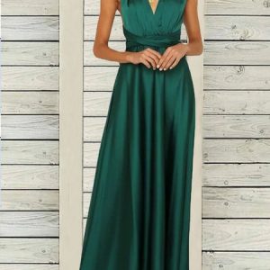 Satin Sexy Plain V neck Maxi Dress, Maxi, color:Green|size:XXL, Noracora
