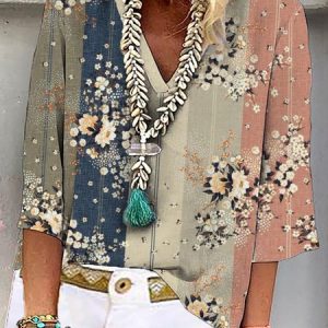 Casual Floral Three Quarter V Neck Printed Top, Shirts & Blouses, color:Green|size:XS, JustFashionNow