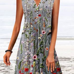 Notched Casual Floral Printed Buckle Dress, Short, color:Gray|size:XXL, catalog Noracora shop