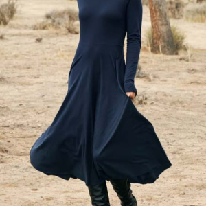 Casual Plain Regular Fit Turtleneck Dress, Midi, color:Dark Blue|size:XXL, Noracora